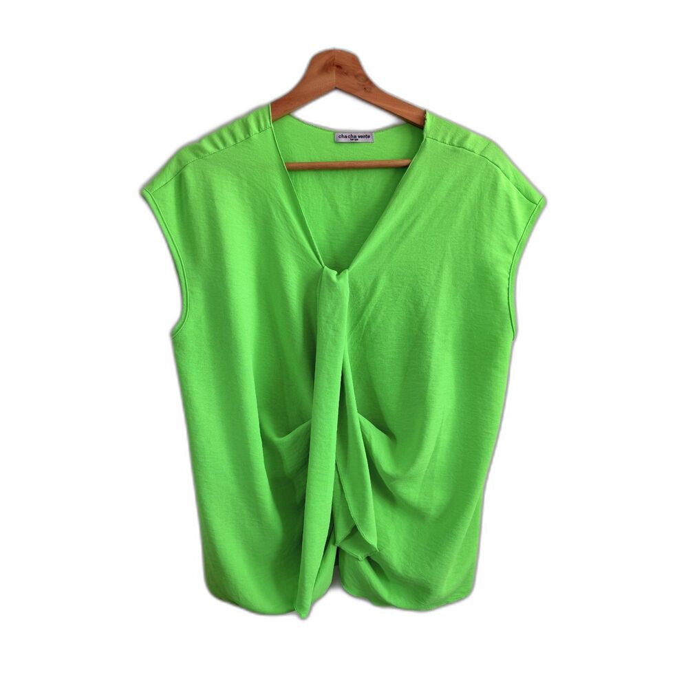 Cha Cha Vente Large Neon Lime Green Twist Front V Neck Sleeveless Blouse Top